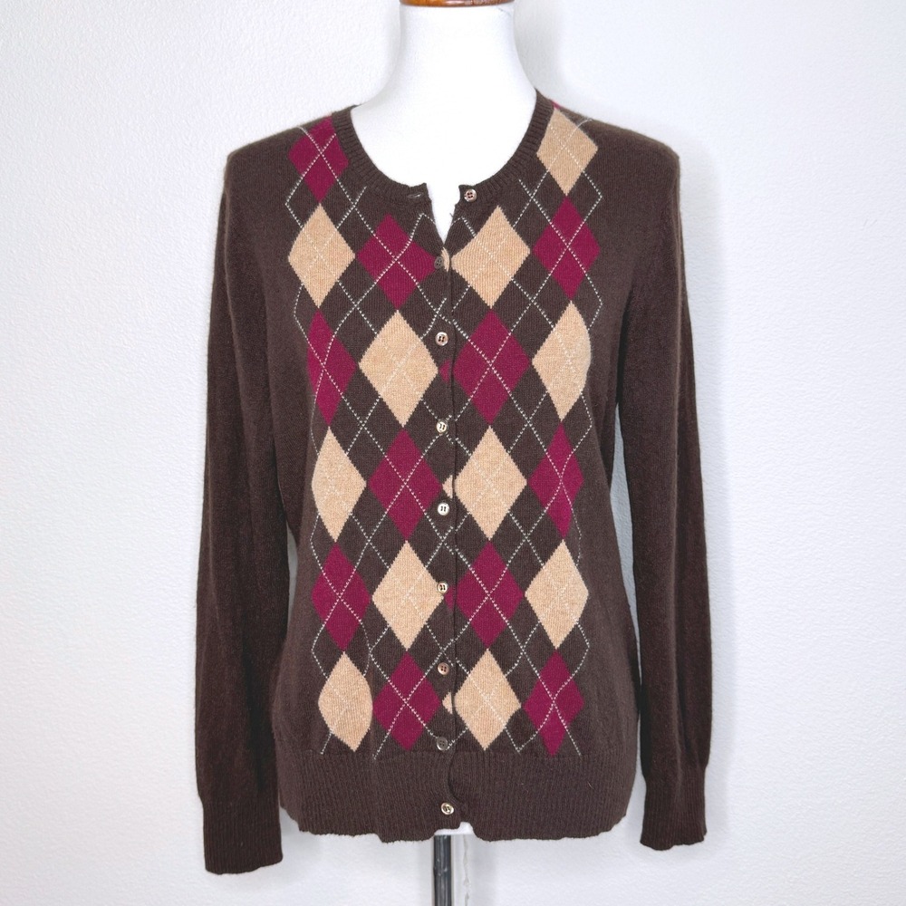 MARCONI 100% Cashmere Cardigan Sweater L Argyle Brown Twee Preppy Quiet Luxury